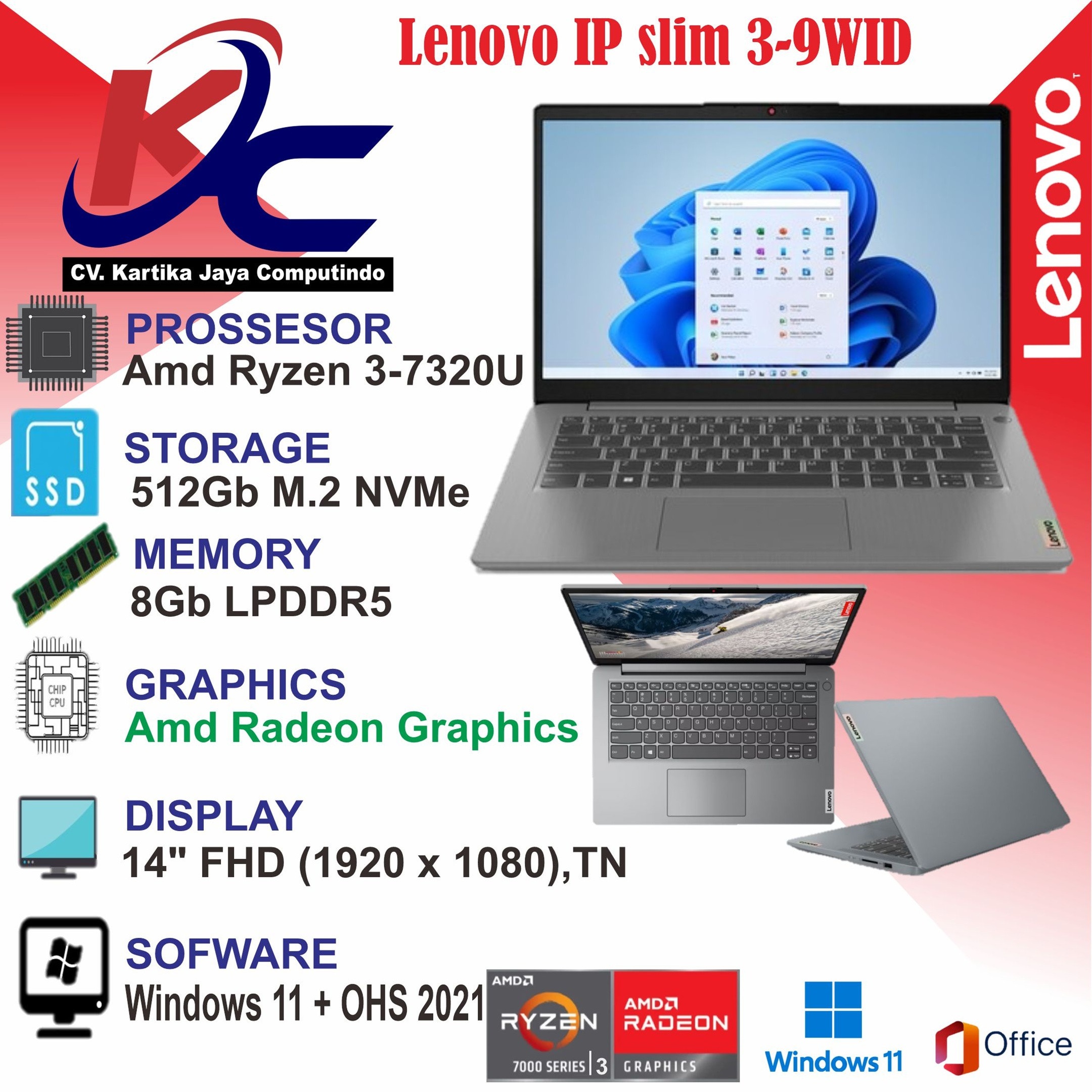 LENOVO IP 3 - 9WID  R3-7320/ 8GB/ SSD 512GB/ W11 OHS+M365 GREY